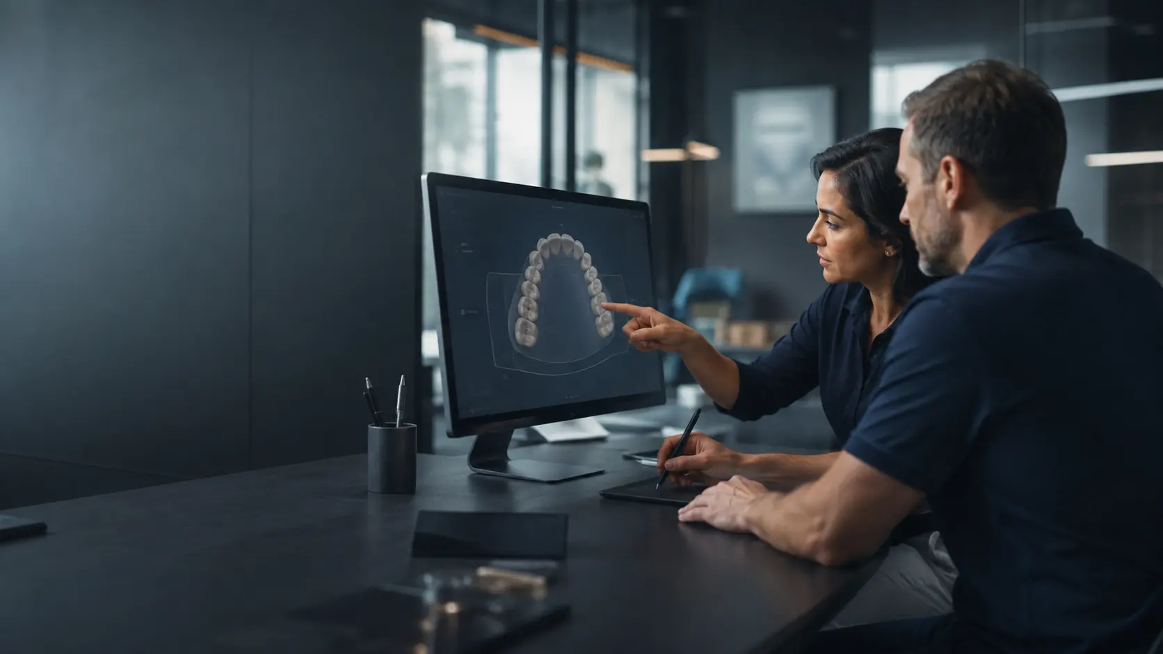 Two planners discussing a digital arch model on screen